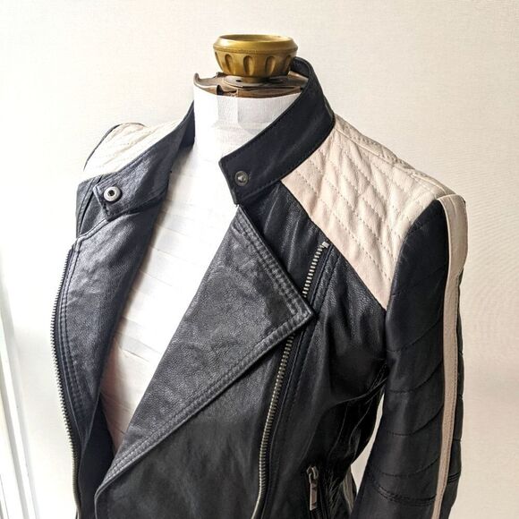 BCBG Max Azria Two-Tone Leather Biker/Moto Jacket - Black & Cream - Picture 4 of 8